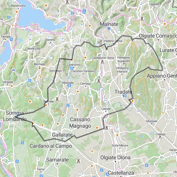 Miniaturní mapa "Okružní cyklistická trasa od Somma Lombardo" inspirace pro cyklisty v oblasti Lombardia, Italy. Vytvořeno pomocí plánovače tras Tarmacs.app