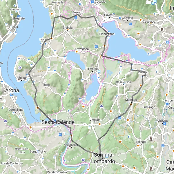 Miniatua del mapa de inspiración ciclista "Ruta por Sesto Calende y Monte La Torre" en Lombardia, Italy. Generado por Tarmacs.app planificador de rutas ciclistas