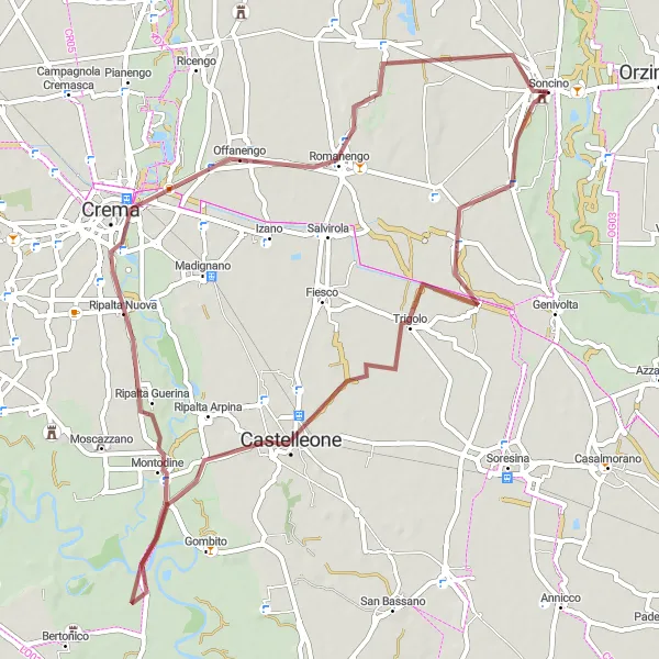 Miniatura della mappa di ispirazione al ciclismo "Gravel tra Castelleone e Romanengo" nella regione di Lombardia, Italy. Generata da Tarmacs.app, pianificatore di rotte ciclistiche