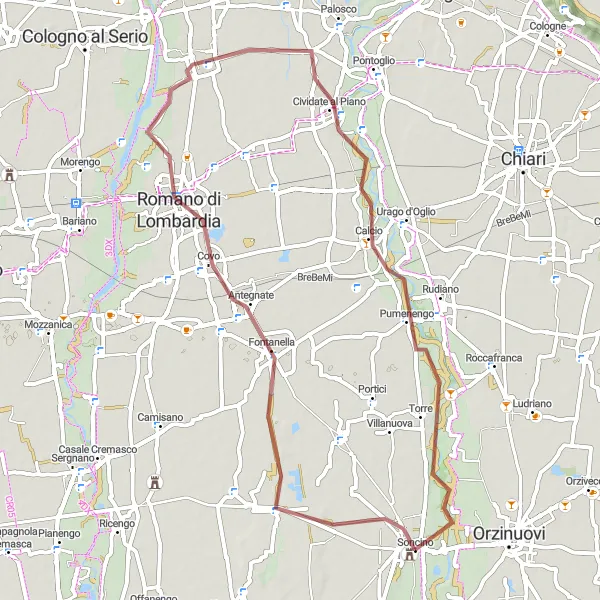 Mapa miniatúra "Výlet po kopcoch cez Fontanellu a Soncino" cyklistická inšpirácia v Lombardia, Italy. Vygenerované cyklistickým plánovačom trás Tarmacs.app