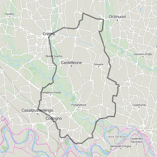 Zemljevid v pomanjšavi "Soncino - Codogno - Soncino" kolesarske inspiracije v Lombardia, Italy. Generirano z načrtovalcem kolesarskih poti Tarmacs.app