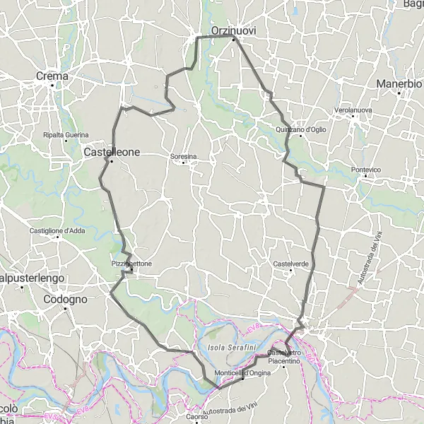 Miniatura della mappa di ispirazione al ciclismo "Tour Soncino - Cremona - Soncino" nella regione di Lombardia, Italy. Generata da Tarmacs.app, pianificatore di rotte ciclistiche