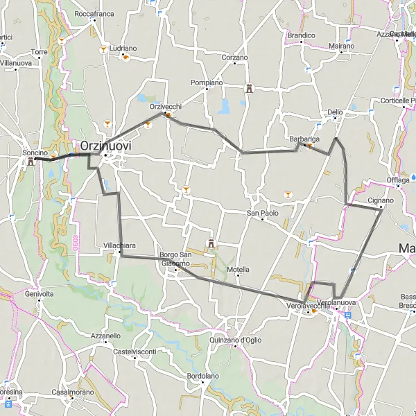 Map miniature of "Barbariga Verolanuova Borgo San Giacomo Road Adventure" cycling inspiration in Lombardia, Italy. Generated by Tarmacs.app cycling route planner