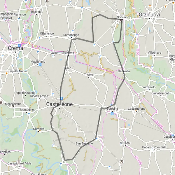 Zemljevid v pomanjšavi "Pot po okolici Soncina - Soresina - San Bassano - Fiesco" kolesarske inspiracije v Lombardia, Italy. Generirano z načrtovalcem kolesarskih poti Tarmacs.app