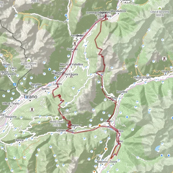 Map miniature of "Sondalo - Grosio - Sondalo (Gravel)" cycling inspiration in Lombardia, Italy. Generated by Tarmacs.app cycling route planner