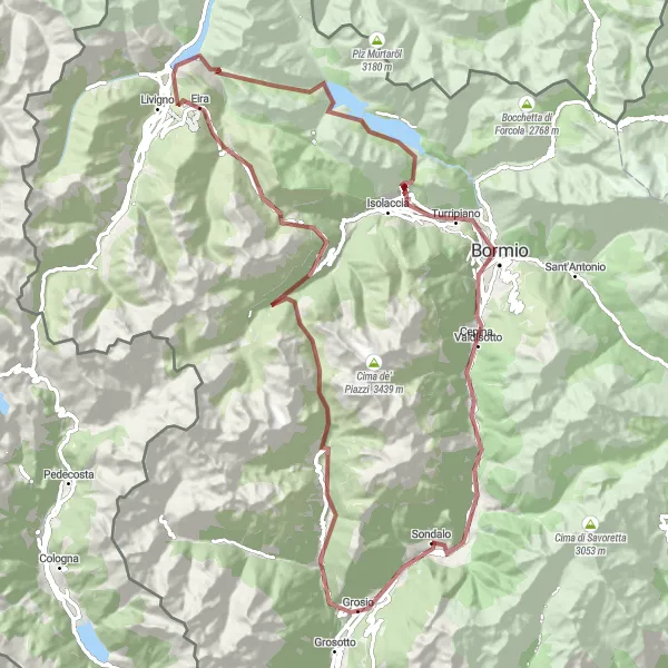 Mapa miniatúra "Gravel Cyklomaraton okolo Sondalo" cyklistická inšpirácia v Lombardia, Italy. Vygenerované cyklistickým plánovačom trás Tarmacs.app