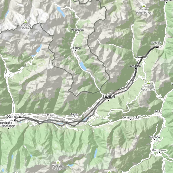 Miniature de la carte de l'inspiration cycliste "Parcours sur route à travers les trésors de Sondalo" dans la Lombardia, Italy. Générée par le planificateur d'itinéraire cycliste Tarmacs.app