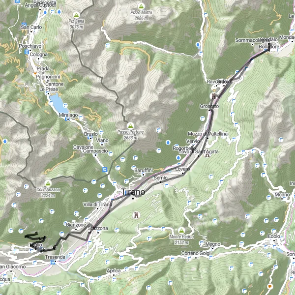 Miniature de la carte de l'inspiration cycliste "Boucle Route Ruino-Lovero-Villa di Tirano-Teglio-Tirano-Dossa-Grosio" dans la Lombardia, Italy. Générée par le planificateur d'itinéraire cycliste Tarmacs.app