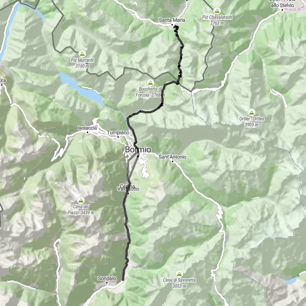 Zemljevid v pomanjšavi "Rocca di Serravalle - Bormio Road Adventure" kolesarske inspiracije v Lombardia, Italy. Generirano z načrtovalcem kolesarskih poti Tarmacs.app