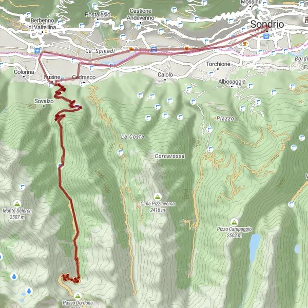 Miniatua del mapa de inspiración ciclista "Ruta de grava a Passo Dordona" en Lombardia, Italy. Generado por Tarmacs.app planificador de rutas ciclistas