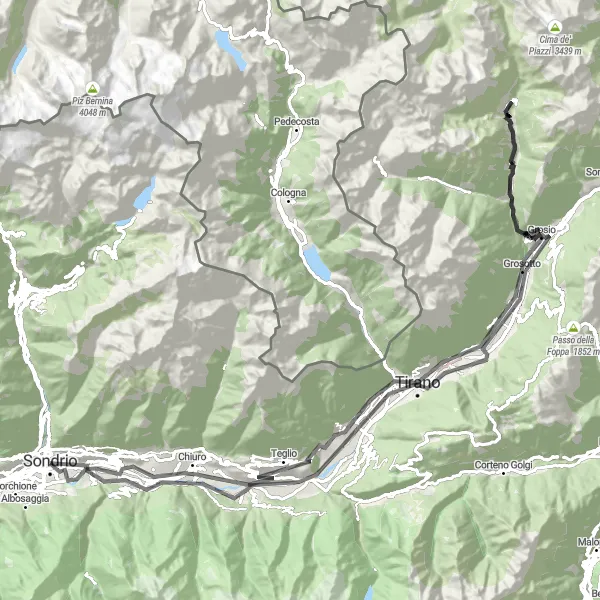 Mapa miniatúra "Kultúrna cyklotrasa cez Villa di Tirano" cyklistická inšpirácia v Lombardia, Italy. Vygenerované cyklistickým plánovačom trás Tarmacs.app