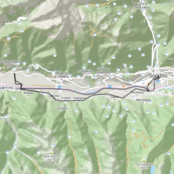 Miniaturní mapa "Zajímavá cyklotrasa okolo Sondria" inspirace pro cyklisty v oblasti Lombardia, Italy. Vytvořeno pomocí plánovače tras Tarmacs.app