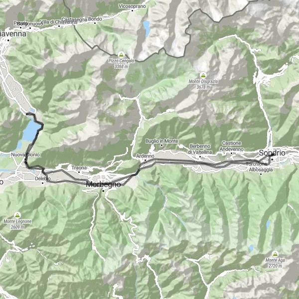 Map miniature of "Morbegno and the Beauty of Lake Mezzola" cycling inspiration in Lombardia, Italy. Generated by Tarmacs.app cycling route planner