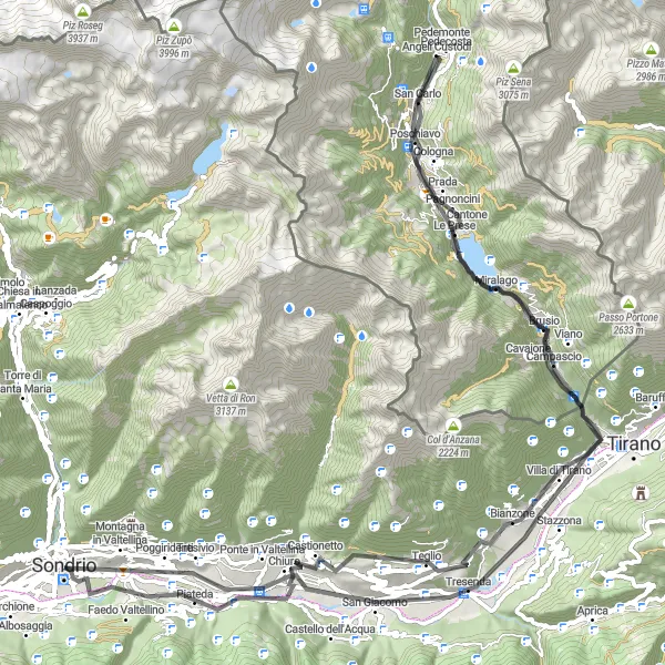 Miniature de la carte de l'inspiration cycliste "Les trésors de la Valteline" dans la Lombardia, Italy. Générée par le planificateur d'itinéraire cycliste Tarmacs.app
