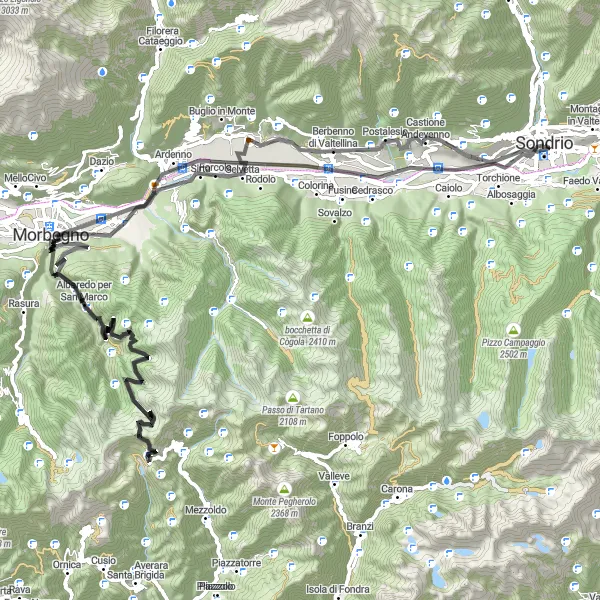 Map miniature of "Sondrio Loop via Berbenno di Valtellina and Albaredo per San Marco" cycling inspiration in Lombardia, Italy. Generated by Tarmacs.app cycling route planner
