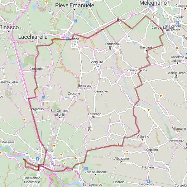 Miniatua del mapa de inspiración ciclista "Ruta de ciclismo de grava a través de Borgarello" en Lombardia, Italy. Generado por Tarmacs.app planificador de rutas ciclistas
