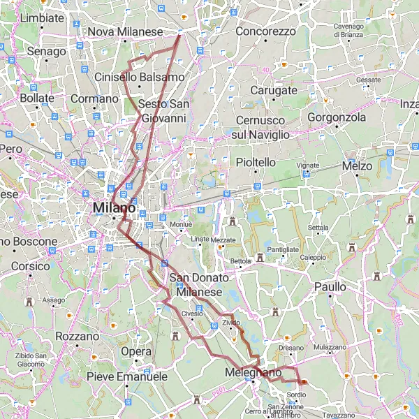 Miniaturní mapa "Gravelová cyklotrasa od Sordia" inspirace pro cyklisty v oblasti Lombardia, Italy. Vytvořeno pomocí plánovače tras Tarmacs.app