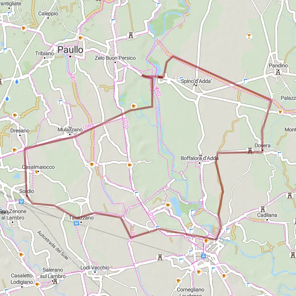 Miniatua del mapa de inspiración ciclista "Ruta de ciclismo en gravilla hacia Lodi y Villa Bissone" en Lombardia, Italy. Generado por Tarmacs.app planificador de rutas ciclistas