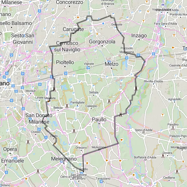 Zemljevid v pomanjšavi "Road avantura prek Cernusco sul Naviglio" kolesarske inspiracije v Lombardia, Italy. Generirano z načrtovalcem kolesarskih poti Tarmacs.app