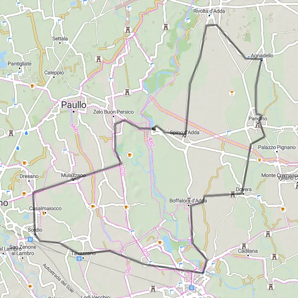 Miniature de la carte de l'inspiration cycliste "Parcours cyclable entre Dovera et Lodi en Lombardie" dans la Lombardia, Italy. Générée par le planificateur d'itinéraire cycliste Tarmacs.app