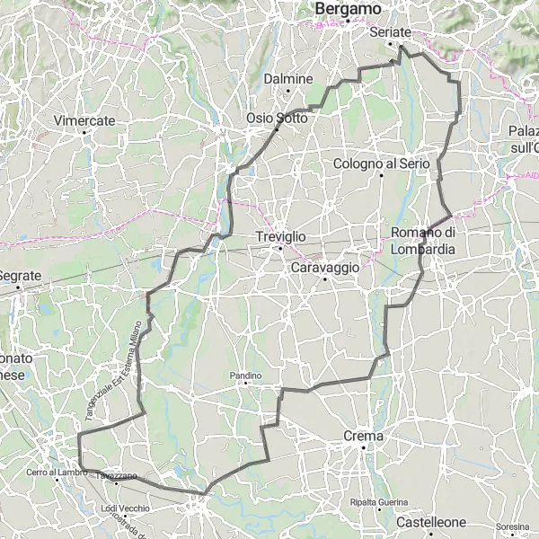 Miniature de la carte de l'inspiration cycliste "Itinéraire vallonné de Sordio à Lodi" dans la Lombardia, Italy. Générée par le planificateur d'itinéraire cycliste Tarmacs.app