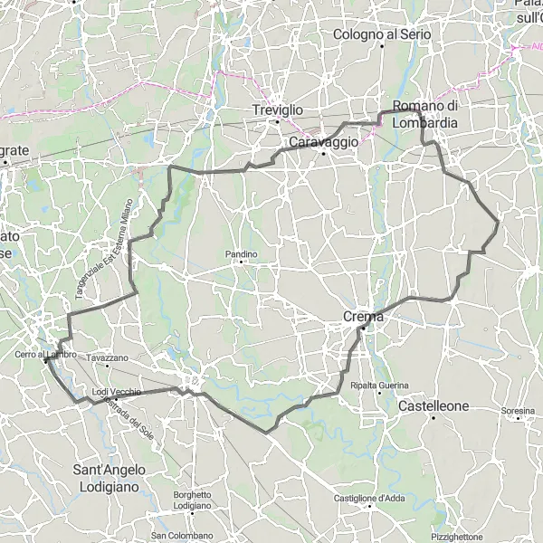 Mapa miniatúra "Lodi Vecchio Circuit" cyklistická inšpirácia v Lombardia, Italy. Vygenerované cyklistickým plánovačom trás Tarmacs.app