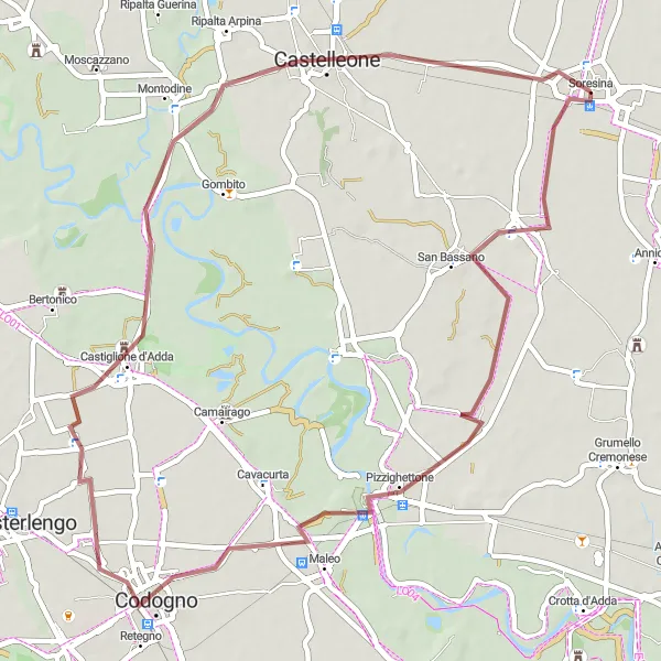 Miniaturní mapa "Gravelová objevitelská cesta kolem Soresiny" inspirace pro cyklisty v oblasti Lombardia, Italy. Vytvořeno pomocí plánovače tras Tarmacs.app