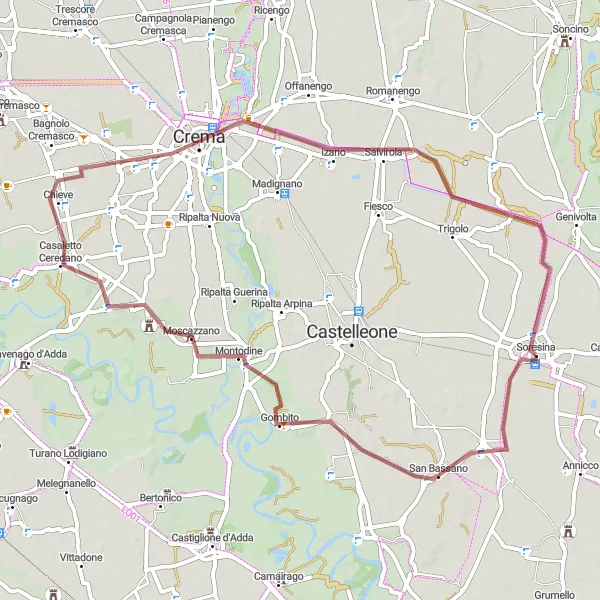 Miniatura della mappa di ispirazione al ciclismo "Tour in gravel tra Soresina e Moscazzano" nella regione di Lombardia, Italy. Generata da Tarmacs.app, pianificatore di rotte ciclistiche