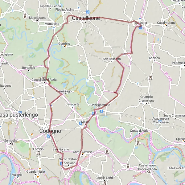 Mapa miniatúra "Gravel okolo Soresina" cyklistická inšpirácia v Lombardia, Italy. Vygenerované cyklistickým plánovačom trás Tarmacs.app