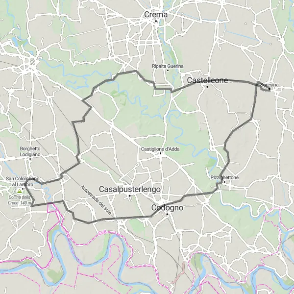 Mapa miniatúra "Okružná cyklistická trasa cez San Bassano a Codogno" cyklistická inšpirácia v Lombardia, Italy. Vygenerované cyklistickým plánovačom trás Tarmacs.app