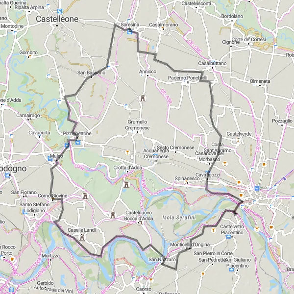 Miniatuurkaart van de fietsinspiratie "Ontdekkingstocht vanuit Soresina naar Cremona en San Bassano" in Lombardia, Italy. Gemaakt door de Tarmacs.app fietsrouteplanner