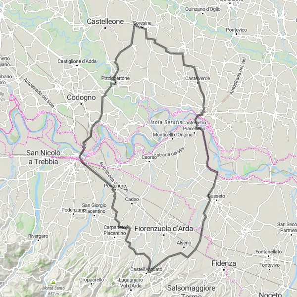 Kartminiatyr av "Landsbygdsvei fra Soresina til Piacenza" sykkelinspirasjon i Lombardia, Italy. Generert av Tarmacs.app sykkelrutoplanlegger