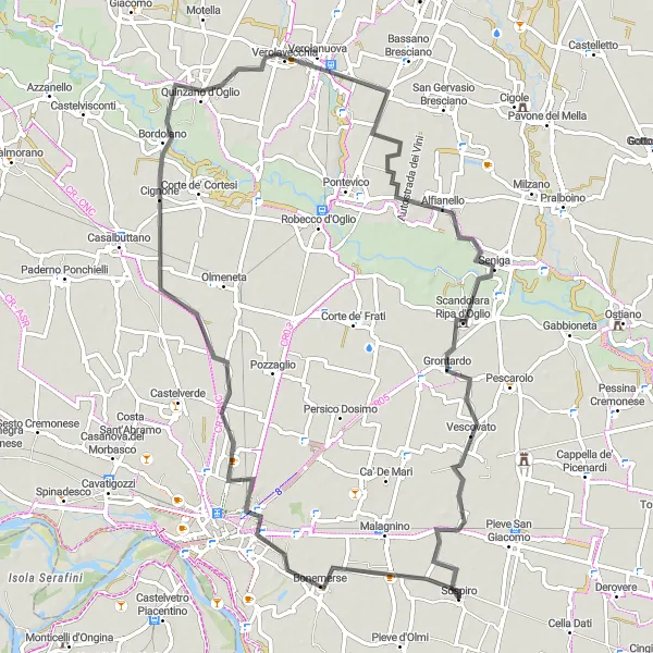 Karten-Miniaturansicht der Radinspiration "Radroute um Verolavecchia und Sospiro" in Lombardia, Italy. Erstellt vom Tarmacs.app-Routenplaner für Radtouren