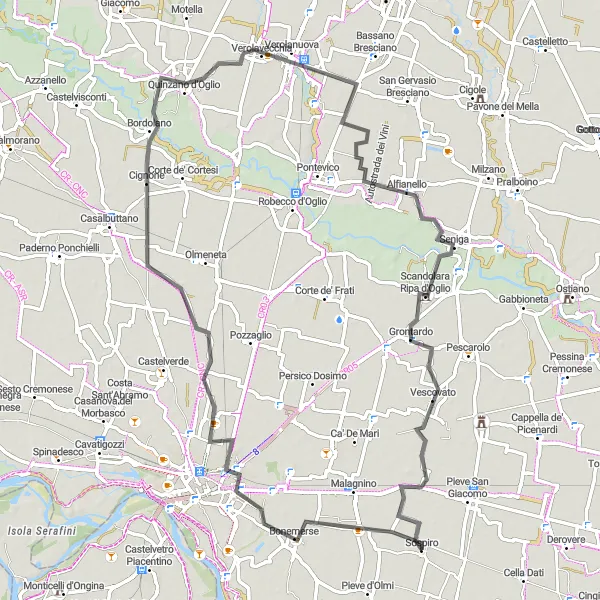 Map miniature of "Verolavecchia to Sospiro" cycling inspiration in Lombardia, Italy. Generated by Tarmacs.app cycling route planner