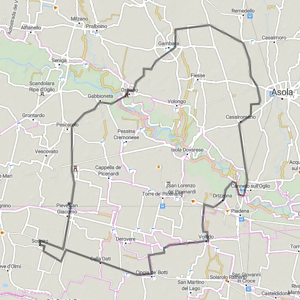 Miniatua del mapa de inspiración ciclista "Ruta de ciclismo de carretera cerca de Sospiro" en Lombardia, Italy. Generado por Tarmacs.app planificador de rutas ciclistas