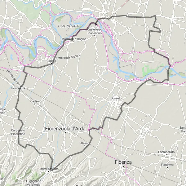 Miniature de la carte de l'inspiration cycliste "Aventure à travers Chiaravalle della Colomba" dans la Lombardia, Italy. Générée par le planificateur d'itinéraire cycliste Tarmacs.app