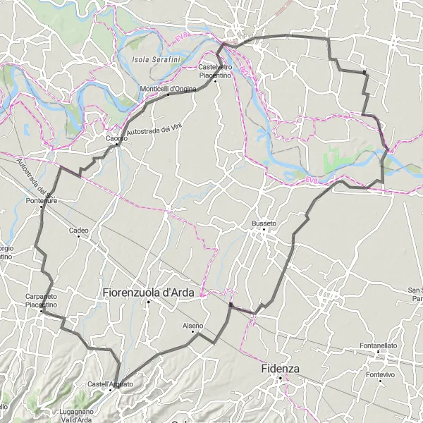 Miniatua del mapa de inspiración ciclista "Tour en bicicleta desde Sospiro a Malagnino" en Lombardia, Italy. Generado por Tarmacs.app planificador de rutas ciclistas