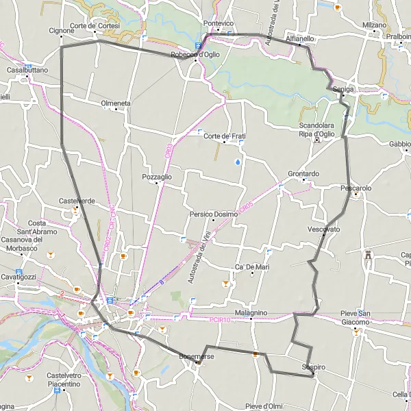 Miniature de la carte de l'inspiration cycliste "Exploration des Trésors de Cremona" dans la Lombardia, Italy. Générée par le planificateur d'itinéraire cycliste Tarmacs.app