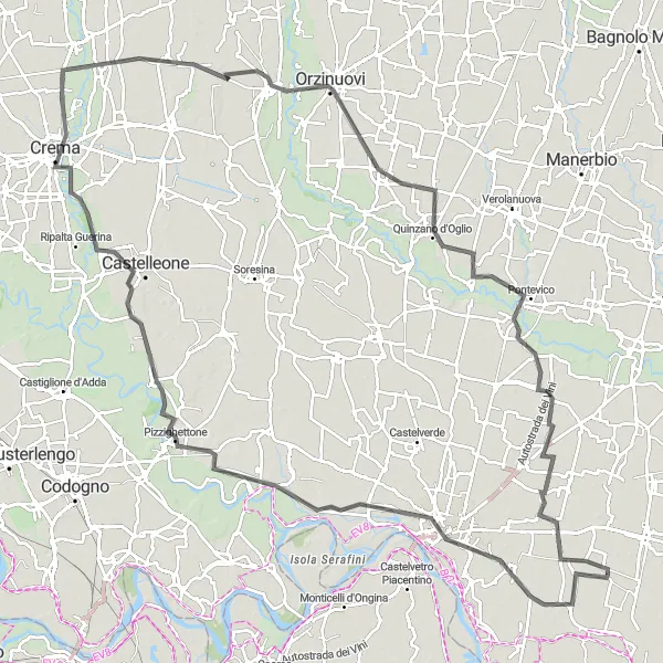 Map miniature of "Cremona to Borgo San Giacomo Loop" cycling inspiration in Lombardia, Italy. Generated by Tarmacs.app cycling route planner