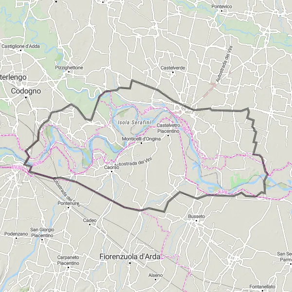 Miniaturní mapa "Jízda kolem Piacenzy" inspirace pro cyklisty v oblasti Lombardia, Italy. Vytvořeno pomocí plánovače tras Tarmacs.app