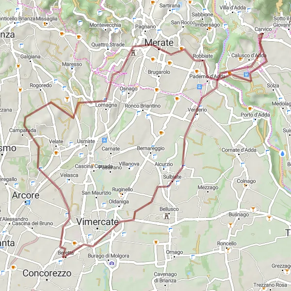 Miniatuurkaart van de fietsinspiratie "Grindweg van Calusco d'Adda naar Carvico" in Lombardia, Italy. Gemaakt door de Tarmacs.app fietsrouteplanner