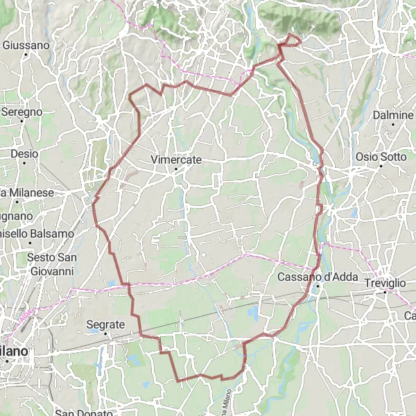 Miniature de la carte de l'inspiration cycliste "Exploration gravel entre bottes et Monza" dans la Lombardia, Italy. Générée par le planificateur d'itinéraire cycliste Tarmacs.app