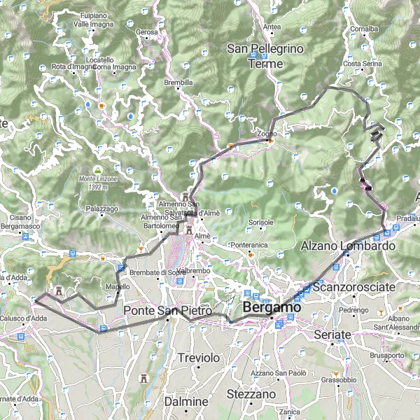 Map miniature of "Summits and Bridges" cycling inspiration in Lombardia, Italy. Generated by Tarmacs.app cycling route planner