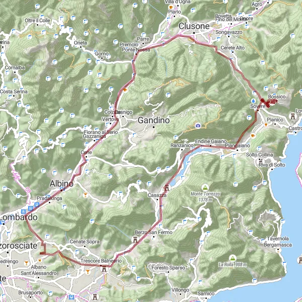 Map miniature of "Exploring the Gravel Path: Cornàs to Bossico" cycling inspiration in Lombardia, Italy. Generated by Tarmacs.app cycling route planner