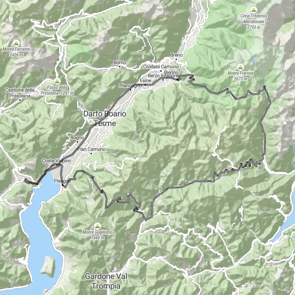Miniatua del mapa de inspiración ciclista "Sovere - Passo di Crocedomini - Colle di San Zeno Loop" en Lombardia, Italy. Generado por Tarmacs.app planificador de rutas ciclistas