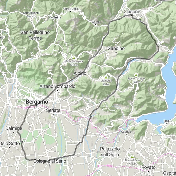 Kartminiatyr av "Rundtur på landsväg till Corno Mailino" cykelinspiration i Lombardia, Italy. Genererad av Tarmacs.app cykelruttplanerare