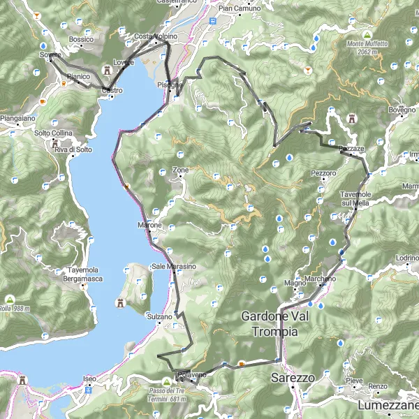 Miniatura della mappa di ispirazione al ciclismo "Il fascino nascosto delle montagne circostanti a Lovere" nella regione di Lombardia, Italy. Generata da Tarmacs.app, pianificatore di rotte ciclistiche