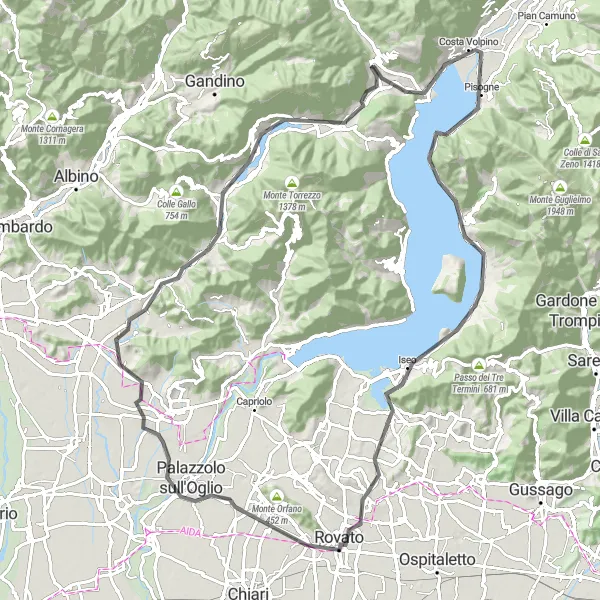 Kartminiatyr av "Rundtur fra Sovere til Lovere og tilbake" sykkelinspirasjon i Lombardia, Italy. Generert av Tarmacs.app sykkelrutoplanlegger