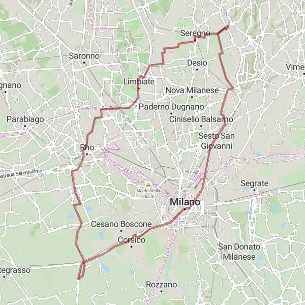 Miniatura della mappa di ispirazione al ciclismo "Gravel Tour di Sovico a Seregno" nella regione di Lombardia, Italy. Generata da Tarmacs.app, pianificatore di rotte ciclistiche