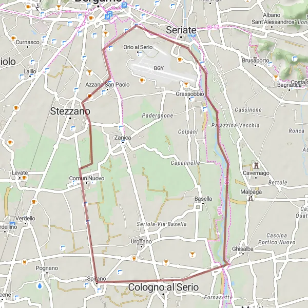 Map miniature of "Round-trip gravel cycling route through Spirano" cycling inspiration in Lombardia, Italy. Generated by Tarmacs.app cycling route planner